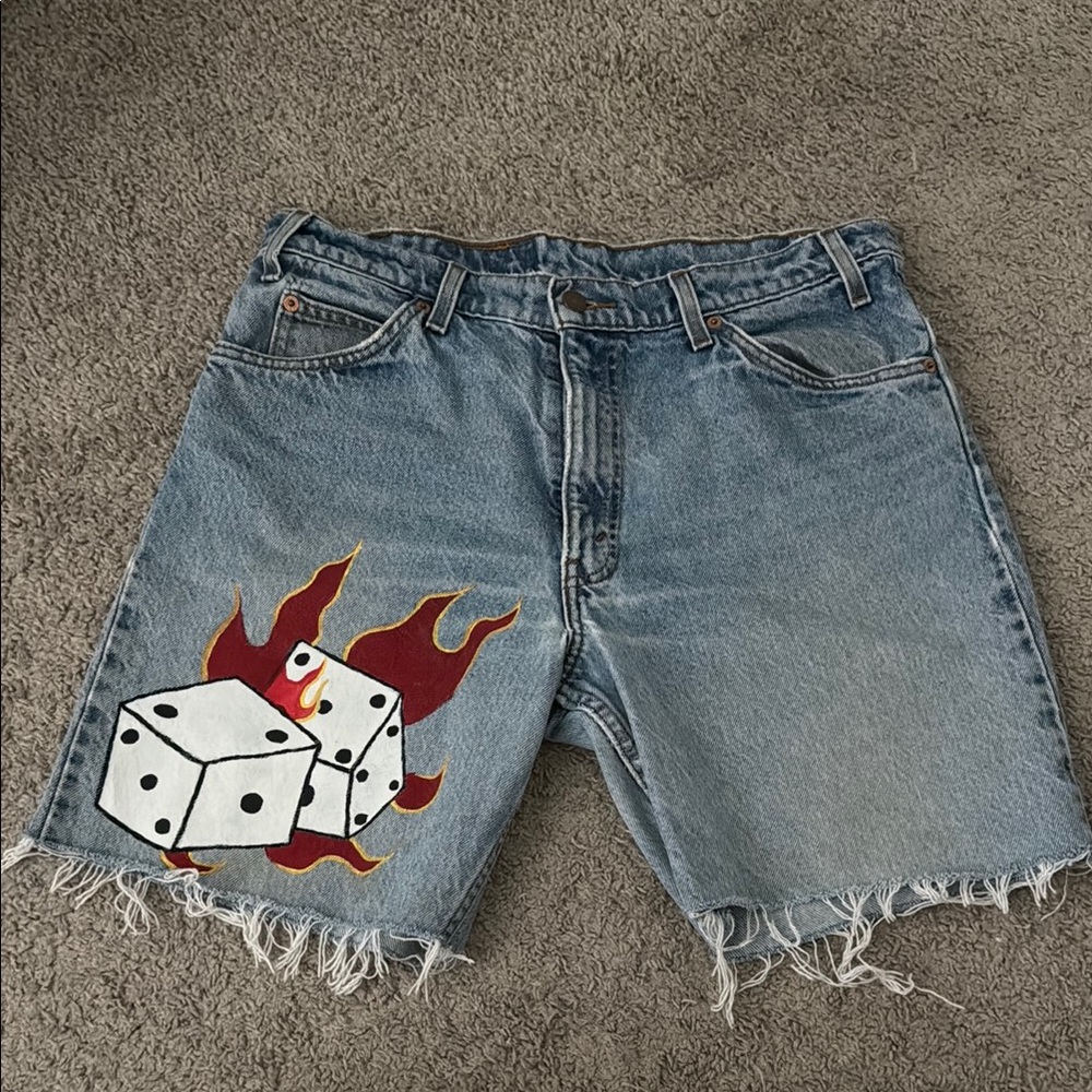 Vintage Levi Denim Shorts with Dice and Flame Design